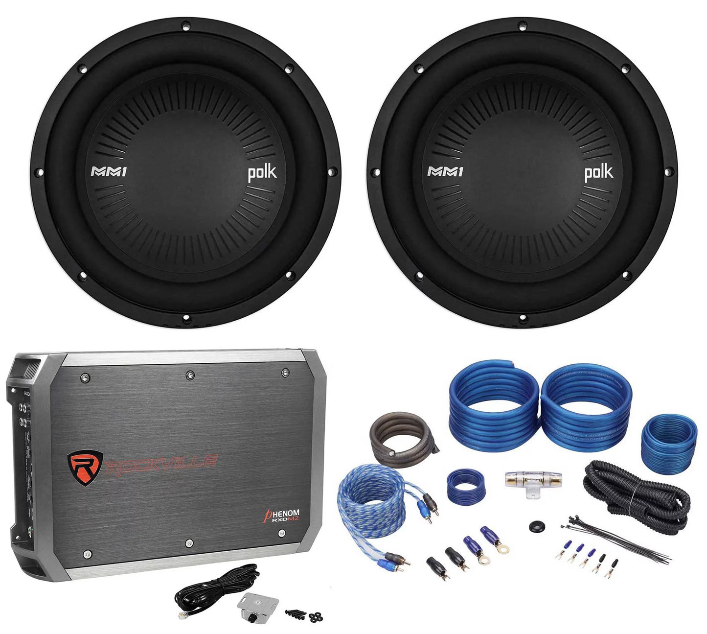 (2) Polk Audio MM1042DVC 10” 2400 Watt Car Subwoofers+Mono Amplifier+Amp Kit